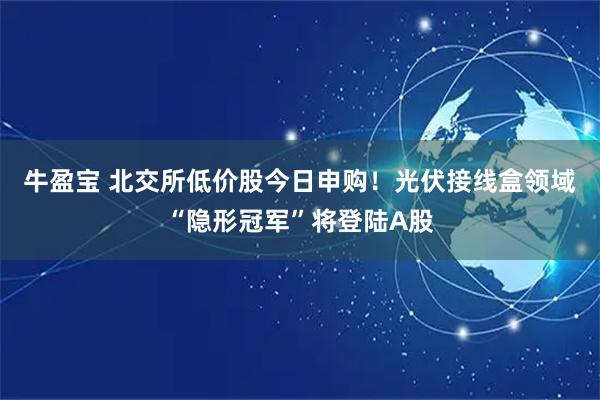 牛盈宝 北交所低价股今日申购！光伏接线盒领域“隐形冠军”将登陆A股